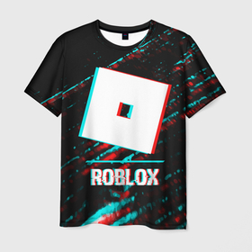 Мужская футболка 3D с принтом Roblox в стиле glitch и баги графики на темном фоне в Курске, 100% полиэфир | прямой крой, круглый вырез горловины, длина до линии бедер | Тематика изображения на принте: 