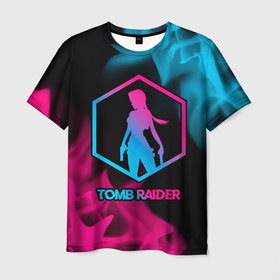 Мужская футболка 3D с принтом Tomb Raider   neon gradient в Петрозаводске, 100% полиэфир | прямой крой, круглый вырез горловины, длина до линии бедер | 