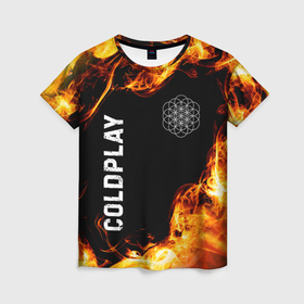 Женская футболка 3D с принтом Coldplay и пылающий огонь в Новосибирске, 100% полиэфир ( синтетическое хлопкоподобное полотно) | прямой крой, круглый вырез горловины, длина до линии бедер | 