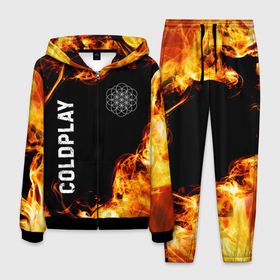 Мужской костюм 3D с принтом Coldplay и пылающий огонь , 100% полиэстер | Манжеты и пояс оформлены тканевой резинкой, двухслойный капюшон со шнурком для регулировки, карманы спереди | 