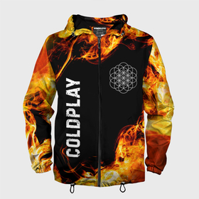Мужская ветровка 3D с принтом Coldplay и пылающий огонь , 100% полиэстер | подол и капюшон оформлены резинкой с фиксаторами, два кармана без застежек по бокам, один потайной карман на груди | 