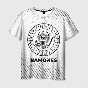 Мужская футболка 3D с принтом Ramones с потертостями на светлом фоне , 100% полиэфир | прямой крой, круглый вырез горловины, длина до линии бедер | 