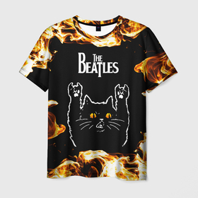 Мужская футболка 3D с принтом The Beatles рок кот и огонь , 100% полиэфир | прямой крой, круглый вырез горловины, длина до линии бедер | Тематика изображения на принте: 