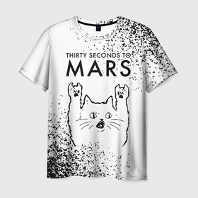 Мужская футболка 3D с принтом Thirty Seconds to Mars рок кот на светлом фоне в Курске, 100% полиэфир | прямой крой, круглый вырез горловины, длина до линии бедер | 