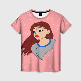 Женская футболка 3D с принтом Рисунок с сердечками и девочкай , 100% полиэфир ( синтетическое хлопкоподобное полотно) | прямой крой, круглый вырез горловины, длина до линии бедер | 