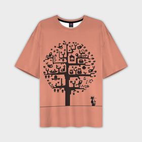 Мужская футболка oversize 3D с принтом птицы на дереве и кошка в Ухте,  |  | 