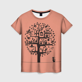 Женская футболка 3D с принтом птицы на дереве и кошка , 100% полиэфир ( синтетическое хлопкоподобное полотно) | прямой крой, круглый вырез горловины, длина до линии бедер | 