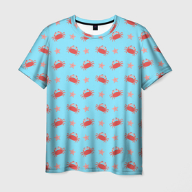 Мужская футболка 3D с принтом Летний паттерн с крабами и морскими звездами в Новосибирске, 100% полиэфир | прямой крой, круглый вырез горловины, длина до линии бедер | Тематика изображения на принте: 