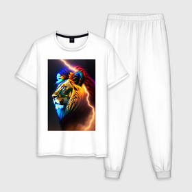Мужская пижама хлопок с принтом Космический огненный лев в Петрозаводске, 100% хлопок | брюки и футболка прямого кроя, без карманов, на брюках мягкая резинка на поясе и по низу штанин
 | 