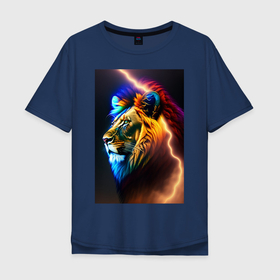 Мужская футболка хлопок Oversize с принтом Космический огненный лев в Белгороде, 100% хлопок | свободный крой, круглый ворот, “спинка” длиннее передней части | 