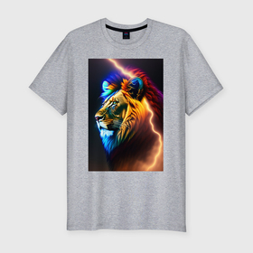 Мужская футболка хлопок Slim с принтом Космический огненный лев в Петрозаводске, 92% хлопок, 8% лайкра | приталенный силуэт, круглый вырез ворота, длина до линии бедра, короткий рукав | Тематика изображения на принте: 