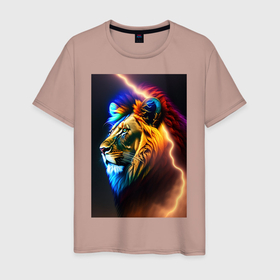 Мужская футболка хлопок с принтом Космический огненный лев в Санкт-Петербурге, 100% хлопок | прямой крой, круглый вырез горловины, длина до линии бедер, слегка спущенное плечо. | Тематика изображения на принте: 