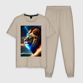 Мужская пижама хлопок с принтом Огненный космический лев в Петрозаводске, 100% хлопок | брюки и футболка прямого кроя, без карманов, на брюках мягкая резинка на поясе и по низу штанин
 | 