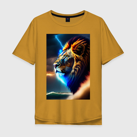 Мужская футболка хлопок Oversize с принтом Огненный космический лев в Курске, 100% хлопок | свободный крой, круглый ворот, “спинка” длиннее передней части | 