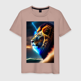Мужская футболка хлопок с принтом Огненный космический лев в Петрозаводске, 100% хлопок | прямой крой, круглый вырез горловины, длина до линии бедер, слегка спущенное плечо. | 