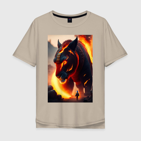 Мужская футболка хлопок Oversize с принтом Огненный горящий голем в Тюмени, 100% хлопок | свободный крой, круглый ворот, “спинка” длиннее передней части | 