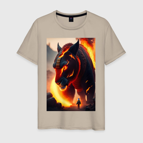 Мужская футболка хлопок с принтом Огненный горящий голем в Тюмени, 100% хлопок | прямой крой, круглый вырез горловины, длина до линии бедер, слегка спущенное плечо. | Тематика изображения на принте: 