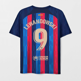 Мужская футболка 3D с принтом Роберт Левандовский Барселона форма 22 23 домашняя в Тюмени, 100% полиэфир | прямой крой, круглый вырез горловины, длина до линии бедер | 