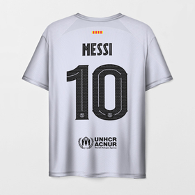 Мужская футболка 3D с принтом Лионель Месси Барселона форма 22 23 гостевая в Кировске, 100% полиэфир | прямой крой, круглый вырез горловины, длина до линии бедер | 