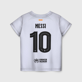 Детская футболка 3D с принтом Лионель Месси Барселона форма 22 23 гостевая , 100% гипоаллергенный полиэфир | прямой крой, круглый вырез горловины, длина до линии бедер, чуть спущенное плечо, ткань немного тянется | 