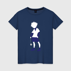 Женская футболка хлопок с принтом Киллуа Золдик  с лого на спине в Кировске, 100% хлопок | прямой крой, круглый вырез горловины, длина до линии бедер, слегка спущенное плечо | 