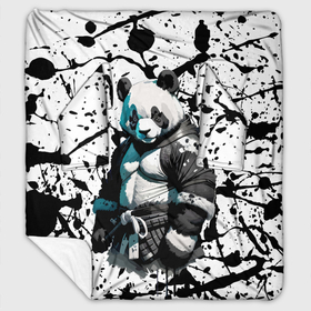 Плед с рукавами с принтом Panda samurai on the background of blots в Тюмени, 100% полиэстер | Закругленные углы, все края обработаны. Ткань не мнется и не растягивается. Размер 170*145 | Тематика изображения на принте: 