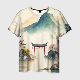Мужская футболка 3D с принтом Японский пейзаж   акварель в Курске, 100% полиэфир | прямой крой, круглый вырез горловины, длина до линии бедер | 