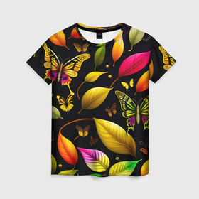Женская футболка 3D с принтом Листья и бабочки в Тюмени, 100% полиэфир ( синтетическое хлопкоподобное полотно) | прямой крой, круглый вырез горловины, длина до линии бедер | 