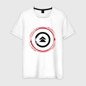 Мужская футболка хлопок с принтом Символ Ghost of Tsushima и красная краска вокруг в Курске, 100% хлопок | прямой крой, круглый вырез горловины, длина до линии бедер, слегка спущенное плечо. | 