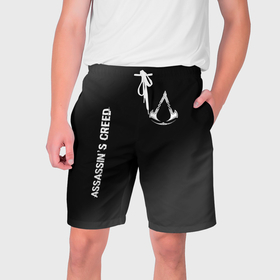 Мужские шорты 3D с принтом Assassins Creed glitch на темном фоне: надпись, символ в Екатеринбурге,  полиэстер 100% | прямой крой, два кармана без застежек по бокам. Мягкая трикотажная резинка на поясе, внутри которой широкие завязки. Длина чуть выше колен | 