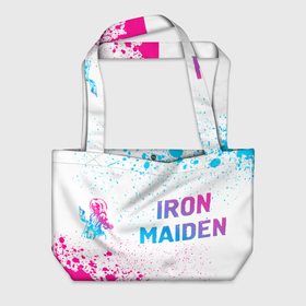 Пляжная сумка 3D с принтом Iron Maiden neon gradient style: надпись и символ в Кировске, 100% полиэстер | застегивается на металлическую кнопку; внутренний карман застегивается на молнию. Стенки укреплены специальным мягким материалом, чтобы защитить содержимое от несильных ударов
 | 