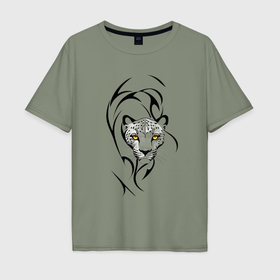 Мужская футболка хлопок Oversize с принтом Крадущийся леопард в Екатеринбурге, 100% хлопок | свободный крой, круглый ворот, “спинка” длиннее передней части | 