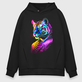 Мужское худи Oversize хлопок с принтом Neon tiger   pop art в Санкт-Петербурге, френч-терри — 70% хлопок, 30% полиэстер. Мягкий теплый начес внутри —100% хлопок | боковые карманы, эластичные манжеты и нижняя кромка, капюшон на магнитной кнопке | 