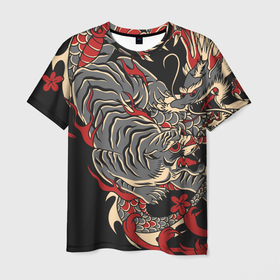 Мужская футболка 3D с принтом Борьба тигра с драконом в Кировске, 100% полиэфир | прямой крой, круглый вырез горловины, длина до линии бедер | 