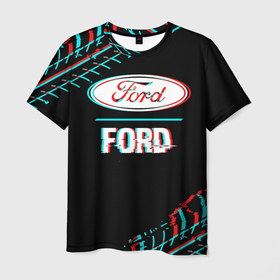Мужская футболка 3D с принтом Значок Ford в стиле glitch на темном фоне в Петрозаводске, 100% полиэфир | прямой крой, круглый вырез горловины, длина до линии бедер | 