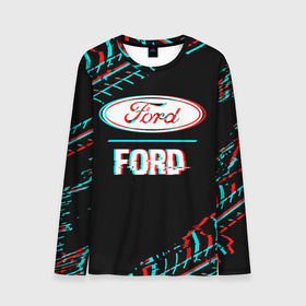 Мужской лонгслив 3D с принтом Значок Ford в стиле glitch на темном фоне в Тюмени, 100% полиэстер | длинные рукава, круглый вырез горловины, полуприлегающий силуэт | 
