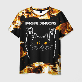 Мужская футболка 3D с принтом Imagine Dragons рок кот и огонь в Екатеринбурге, 100% полиэфир | прямой крой, круглый вырез горловины, длина до линии бедер | 
