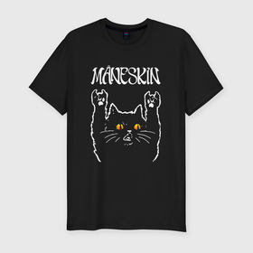 Мужская футболка хлопок Slim с принтом Maneskin rock cat в Санкт-Петербурге, 92% хлопок, 8% лайкра | приталенный силуэт, круглый вырез ворота, длина до линии бедра, короткий рукав | 