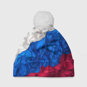 Шапка 3D c помпоном с принтом Флаг России из цветов в Курске, 100% полиэстер | универсальный размер, печать по всей поверхности изделия | 