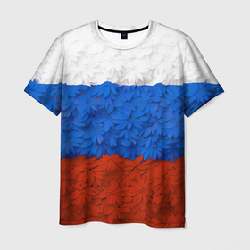 Мужская футболка 3D с принтом Флаг Российской Федерации из цветов в Тюмени, 100% полиэфир | прямой крой, круглый вырез горловины, длина до линии бедер | Тематика изображения на принте: 