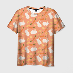 Мужская футболка 3D с принтом Зайцы с морковью паттерн в Петрозаводске, 100% полиэфир | прямой крой, круглый вырез горловины, длина до линии бедер | 