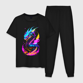 Мужская пижама хлопок с принтом Светящийся сказочный дракон в Белгороде, 100% хлопок | брюки и футболка прямого кроя, без карманов, на брюках мягкая резинка на поясе и по низу штанин
 | 