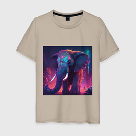 Мужская футболка хлопок с принтом Слон в неоновом городе в Санкт-Петербурге, 100% хлопок | прямой крой, круглый вырез горловины, длина до линии бедер, слегка спущенное плечо. | 