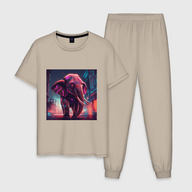 Мужская пижама хлопок с принтом Кибер слон в свете неона , 100% хлопок | брюки и футболка прямого кроя, без карманов, на брюках мягкая резинка на поясе и по низу штанин
 | 