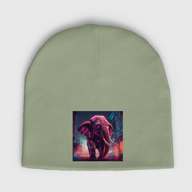 Мужская шапка демисезонная с принтом Кибер слон в свете неона в Кировске,  |  | Тематика изображения на принте: 