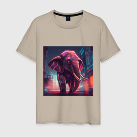 Мужская футболка хлопок с принтом Кибер слон в свете неона в Курске, 100% хлопок | прямой крой, круглый вырез горловины, длина до линии бедер, слегка спущенное плечо. | 