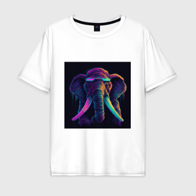 Мужская футболка хлопок Oversize с принтом Кибер слон в неоновом свете в Санкт-Петербурге, 100% хлопок | свободный крой, круглый ворот, “спинка” длиннее передней части | 