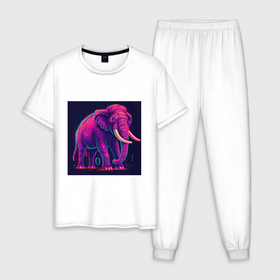 Мужская пижама хлопок с принтом Яркий неоновый слон , 100% хлопок | брюки и футболка прямого кроя, без карманов, на брюках мягкая резинка на поясе и по низу штанин
 | 