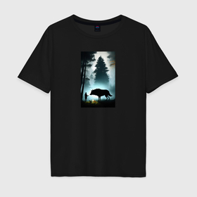 Мужская футболка хлопок Oversize с принтом Лесник и волк в Белгороде, 100% хлопок | свободный крой, круглый ворот, “спинка” длиннее передней части | 
