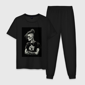Мужская пижама хлопок с принтом Девушка анархистка черно белый стиль в Белгороде, 100% хлопок | брюки и футболка прямого кроя, без карманов, на брюках мягкая резинка на поясе и по низу штанин
 | Тематика изображения на принте: 